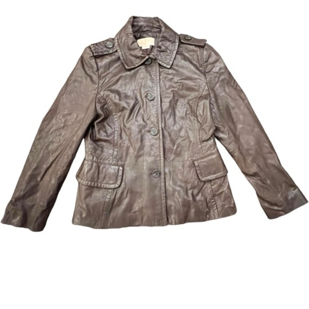 Michael Kors‎ Women's Brown Button Front Genuine Leather Coat Large Short Lined